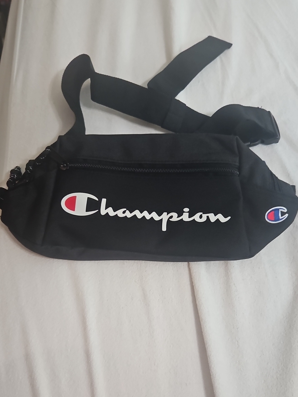 Champion Black Waist Pack with White Script and Red Accent